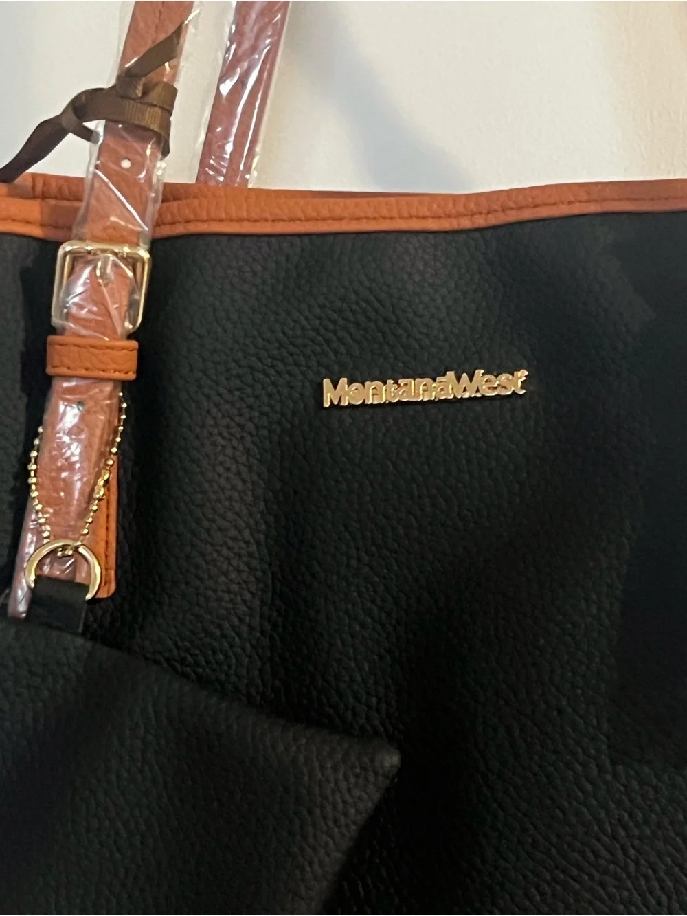 Montana West Black Tote with Brown Trim and Strap